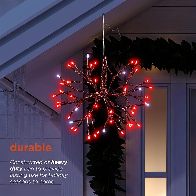 Alpine Corporation 10" H Indoor Christmas Twig 3D Hanging Snowflake Ornament with LED Lights, Red, Christmas Decoration