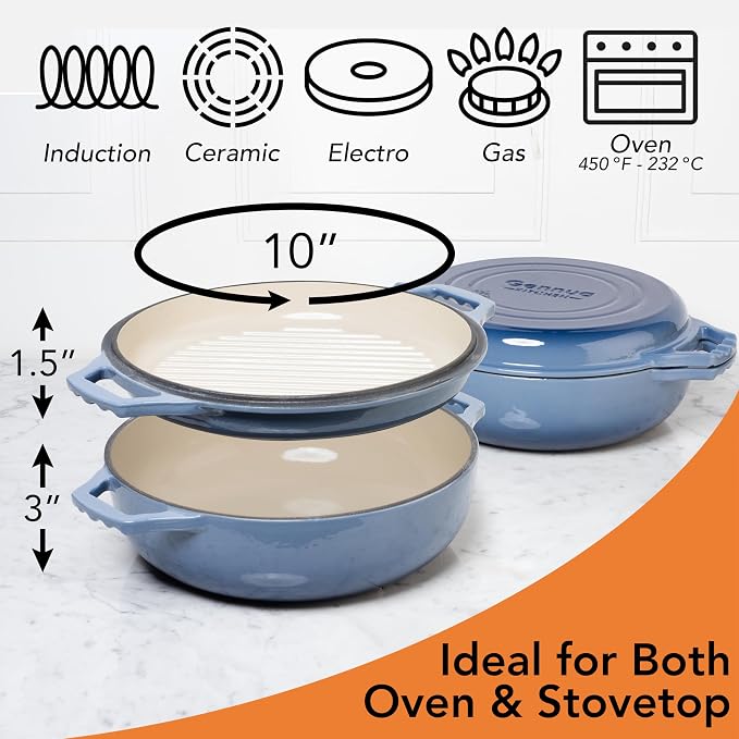 2-in-1 Enameled Cast Iron Braiser Pan with Grill Lid - 3.3-Quart Small Dutch Oven, Serves as Both Casserole & Stovetop Grill Pan, Cast Iron Cookware