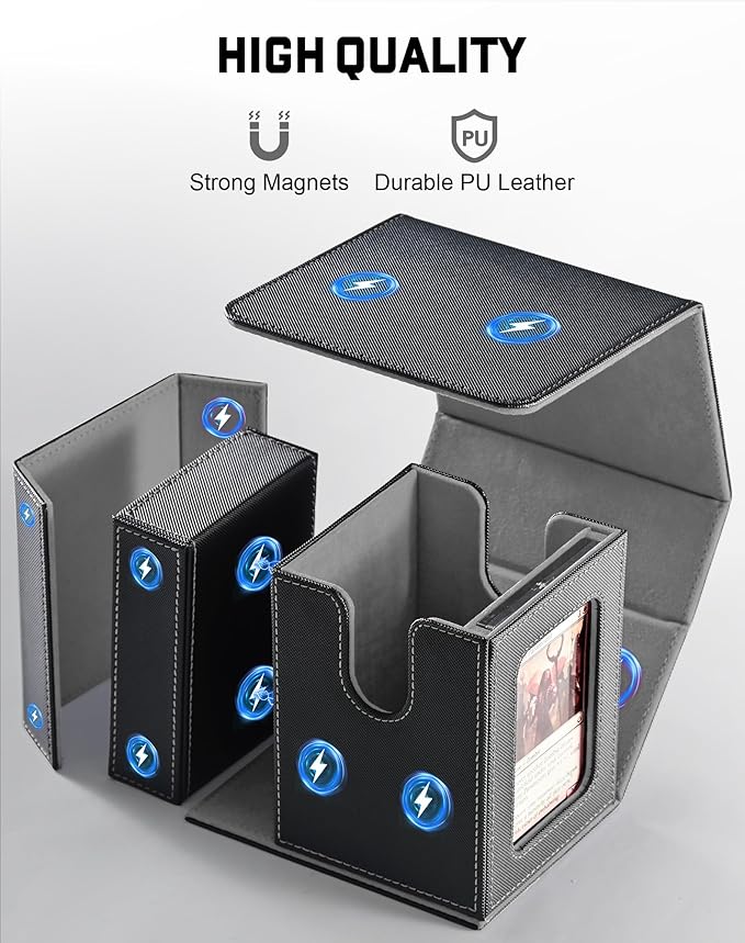 ZLCA MTG Commander Deck Box with Display Window, Card Deck Box Holds 100 Double-Sleeved with Dice Tray & 35pt Magnetic Card Holder (Black&Grey)