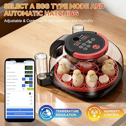 12 Egg Incubator WiFi with Camera, Humidity and Temperature Control, APP Notification, Egg Candler, Automatic Egg Turner, Smart Incubators for Hatching Eggs, Chicken, Duck, Pigeon and Quail