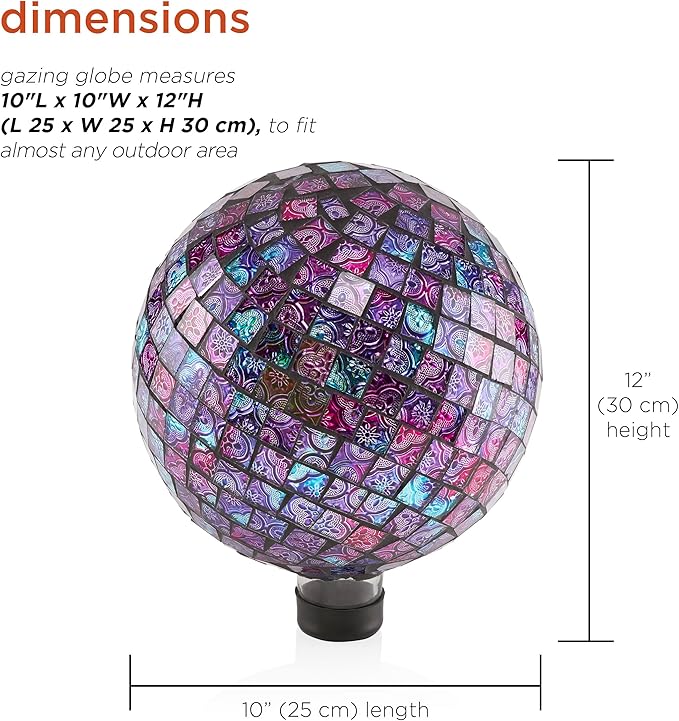 Alpine Corporation 10" Diameter Indoor/Outdoor Glass Mosaic Gazing Globe Yard Decoration, Purple Embossed Tile