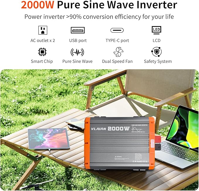 2000W Pure Sine Wave Inverter,12V DC to 110V AC Power Inverter for Vehicles RV,Truck,Car,Solar Off-Grid Converter with 2 AC Outlet,27W Type-C,5V 3A USB-A,Hardwire Port,16ft Remote Controller