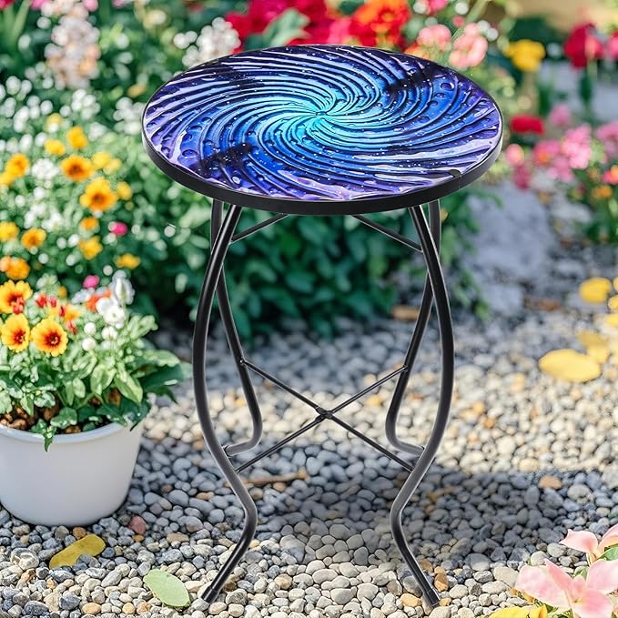 MUMTOP Outdoor End Tables for Patio, Deep Sea Round Side Table, Glass Accent Table for Outside, Garden, Balcony, Porch, Indoor Home Decor