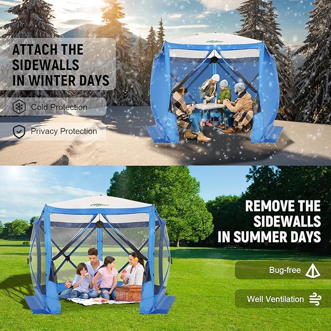 COBIZI 10x10 Pop up Gazebo Screen House Tent for Camping, Pop-up Camping Canopy with Sidewalls,Portable Outdoor Quick-Set Hub Tent with Carrying Bag&Ground Stakes,Blue(Upgraded 2.0)