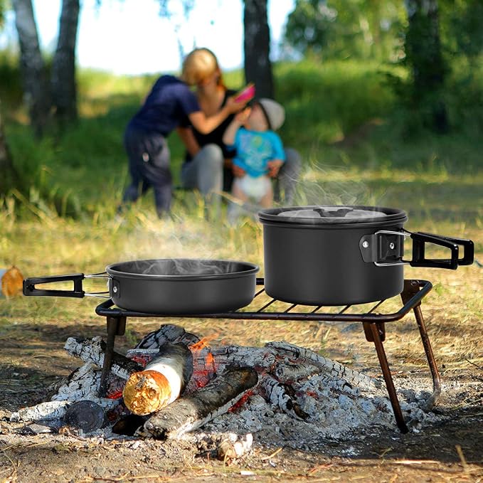 Odoland 16pcs Camping Cookware Mess Kit, with Folding Camping Stove | Anodized Aluminum, for Hiking, Outdoor Cooking and Picnic, 1.9L Pot 0.8L Kettle 0.86L Pan 3000W Stove, Little Compact Pot Set