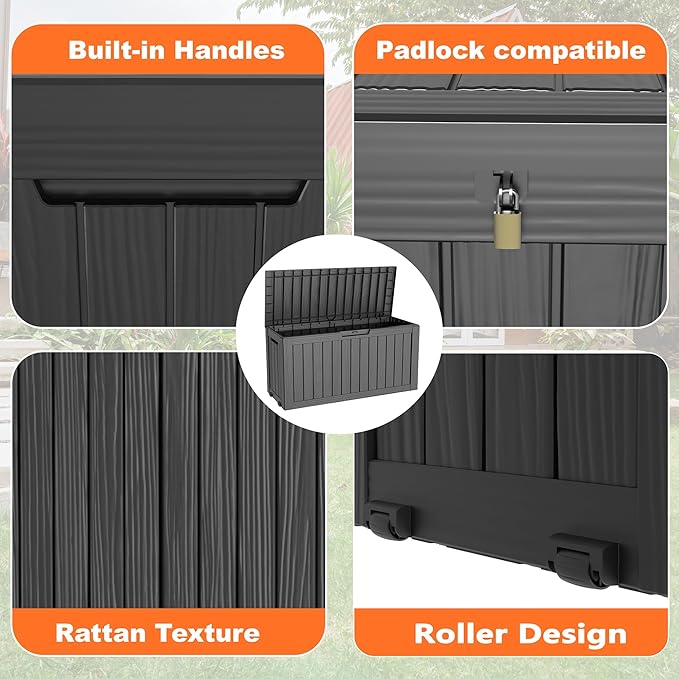 ROJIK Outdoor Storage Housing Deck Box - Waterproof Patio Furniture, Garden Tools, Cushions, Pool Accessories Storage Bench with Lockable Lid and Side Handles (Black 78 Gal)