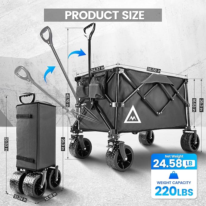 Wagon Cart Shopping Foldable Folding Collapsible with Wheels Big On Beach Garden Outdoor Grocery Heavy Duty Utility All Terrain Portable Wagons Carts for Groceries Sand Camping Sports Black