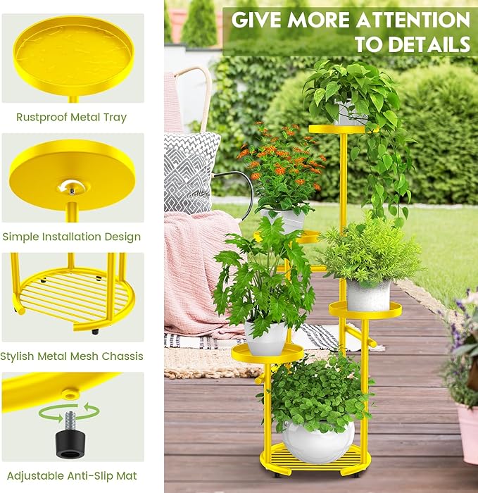 TOSKING 5 Tier Metal Plant Stand Indoor, Plant Shelf, Corner Shelf Flower Pot Stand for Outdoor Plant Stand for Living Room Balcony Garden Patio Bedroom (yellow, 38in)