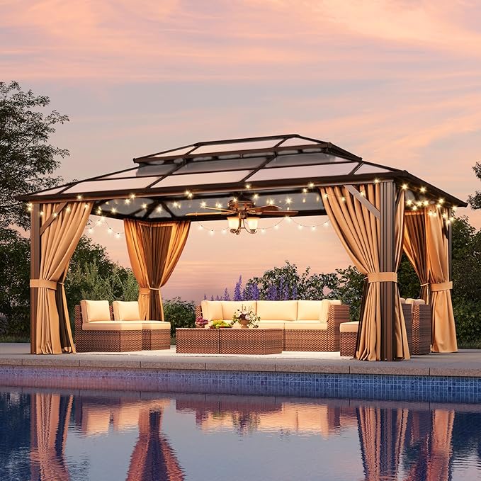 Aoxun 12'x16' Hardtop Gazebo, Aluminum Frame Permanent Pavilion with Netting and Curtains, Outdoor Polycarbonate Double Roof Canopy, Designed for Lawn, Garden, Patio (Brown)