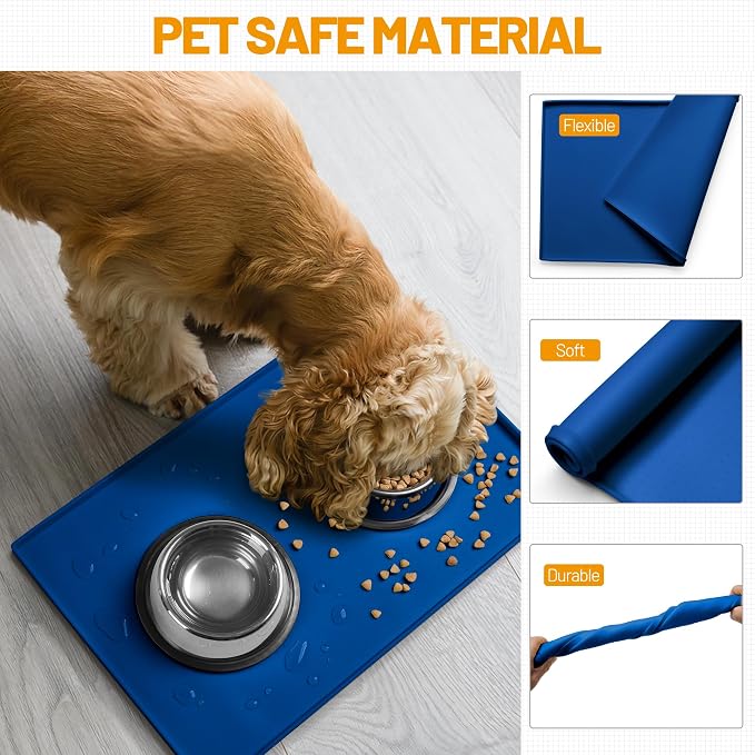Hubulk Dog Feeding Mat,100% Waterproof Food Grade Silicone Pet Food and Water Bowl Placemat,Dishwasher, High Raised Edge to Prevent Spills,Nonslip Tray to Stop Messes on Floor (19"x12"x0.5", Navy)