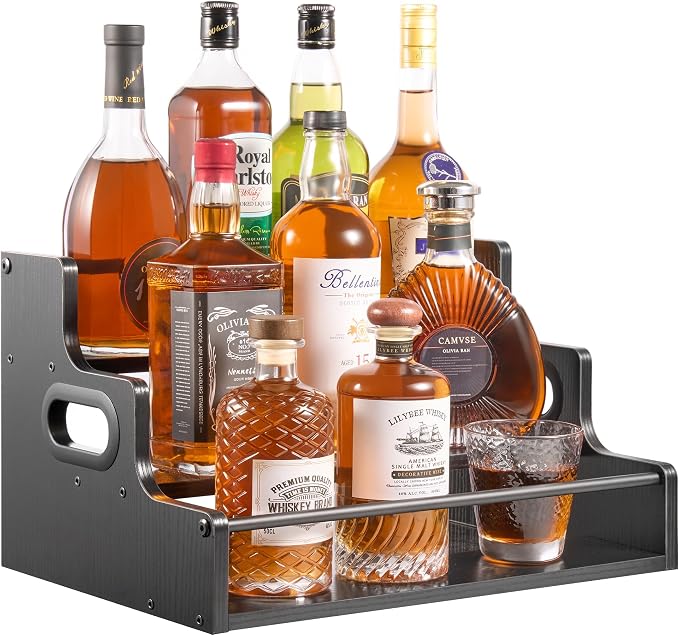 YQBRAO 3-Tier Liquor Bottle Display Shelf,Coffee Syrup Rack Organizer,Water Bottle Organizer, Mini Bar Cabinet, Rustic Bar Shelves for for Liquor Whiskey, Spirits(Black)