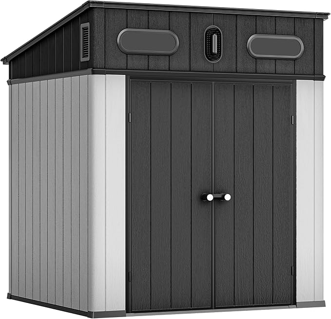 YITAHOME 6x6 FT Outdoor Storage Shed, All-Weather Resin Garden Shed with Windows, Vents and Lockable Double Doors for Garden Tools, Bikes, and Sundries, Waterproof,Gray