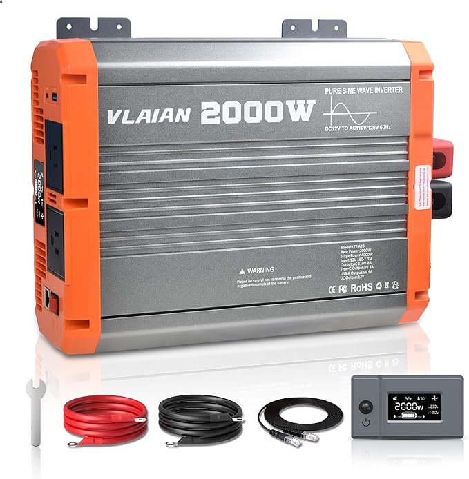 2000W Pure Sine Wave Inverter,12V DC to 110V AC Power Inverter for Vehicles RV,Truck,Car,Solar Off-Grid Converter with 2 AC Outlet,27W Type-C,5V 3A USB-A,Hardwire Port,16ft Remote Controller