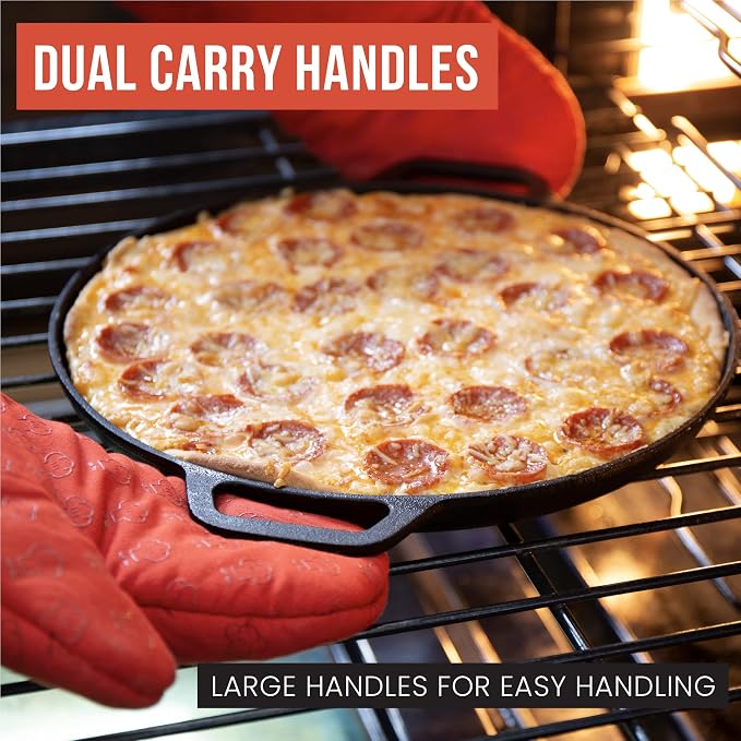 Chef Pomodoro Cast Iron Pizza Pan, 12 Inch, Pre-Seasoned Non-Stick Skillet | Multi-Use Cast Iron Cookware for Dosa Tawa, Roti, Tortilla Comal, Crepes, Oven, Grill, BBQ, and Campfire Cooking