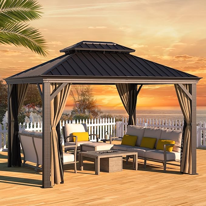 Gazebo 10' x 12' with Mosquito Net and Privacy Sidewalls, Patio Aluminum Permanent Gazebo, All Weatherproof Outdoor Hardtop Metal Gazebos,for Patio, Garden, Parties, Backyard,Lawn.