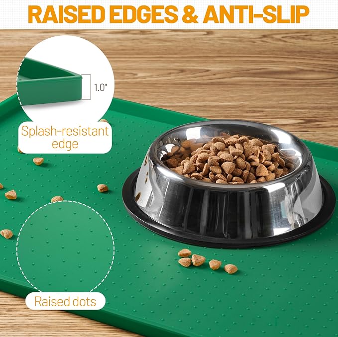 Hubulk Dog Feeding Mat,100% Waterproof Food Grade Silicone Pet Food and Water Bowl Placemat,Dishwasher, High Raised Edge to Prevent Spills,Nonslip Tray to Stop Messes on Floor(28"x18"x0.8",Hunter )