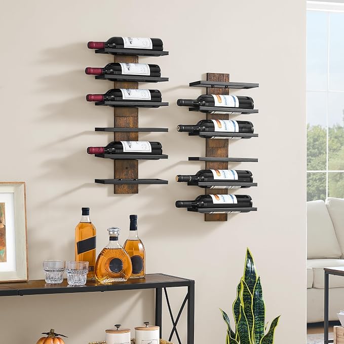 Hoctieon 2-Set 6 Tier Wall Mount Wine Rack, Wall Mounted Wine Bottle Racks for Display and Storage, Hanging Bottle Holder, for Living Room, Dining Room, Bar, Wine Cellar, Rustic Brown