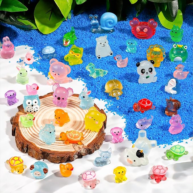 80 Pcs Luminous Mini Resin Animals 80 Styles Tiny Little Glow in The Dark Animal Figures to Hide Miniature Ducks Figurines for Party Favors DIY Fairy Garden Dollhouse Micro Landscape Aquarium Decor