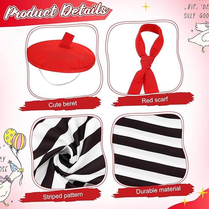 French Look Porch Goose Outfit Set for Cement Lawn Artist Hat Beret Red Scarf Black White Striped for Outdoor