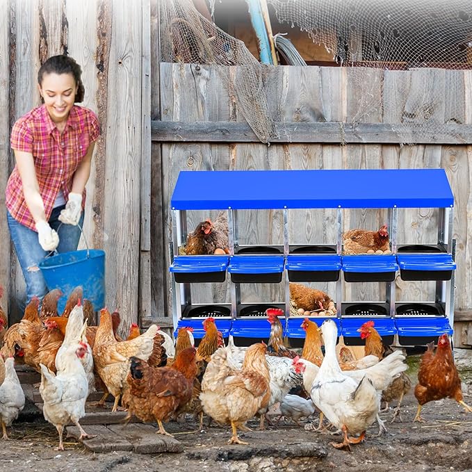 10-Compartments Chicken Nesting Boxes with Roll Out Egg Collection and Large Vented Holes,Metal Nesting Boxes for Chickens, Hens, Ducks,Wall Mount/Freestanding Poultry,Blue