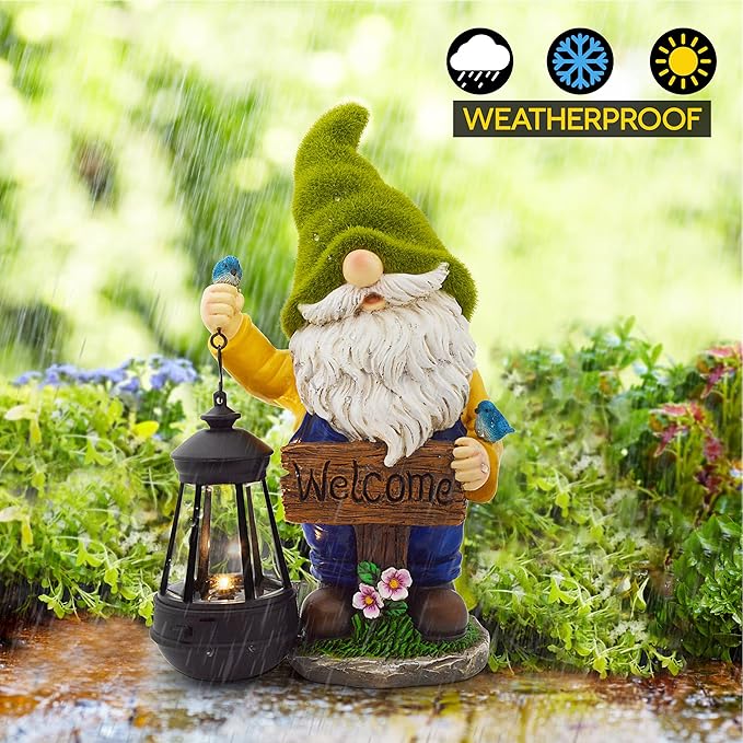 Christmas Garden Gnomes Outdoor - Flocked Gnome Statue Holding Lantern with Solar LED Lights | Gnomes Garden Decorations for Patio, Yard, Lawn Ornaments - Gnome Gifts