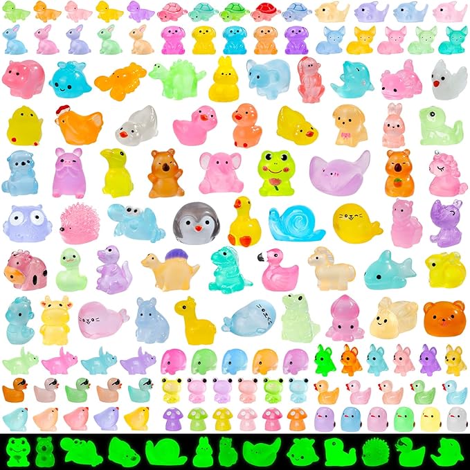 180pcs Luminous Mini Resin Animals Colorful Tiny Small Little Glow in the Dark Mini Resin Figures to Hide Miniature Animal Figurines for DIY Dollhouse Micro Garden Landscape Aquarium Decor Gift Crafts