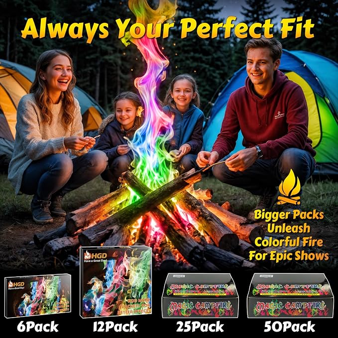 HGD (12 Pack) Magic Campfire Fire Color Changing Packets for Fire Pit, Indoor/Outdoor Fireplace, Bonfire - Rainbow Magical Flame, Camping Accessory, Compatible with Wood