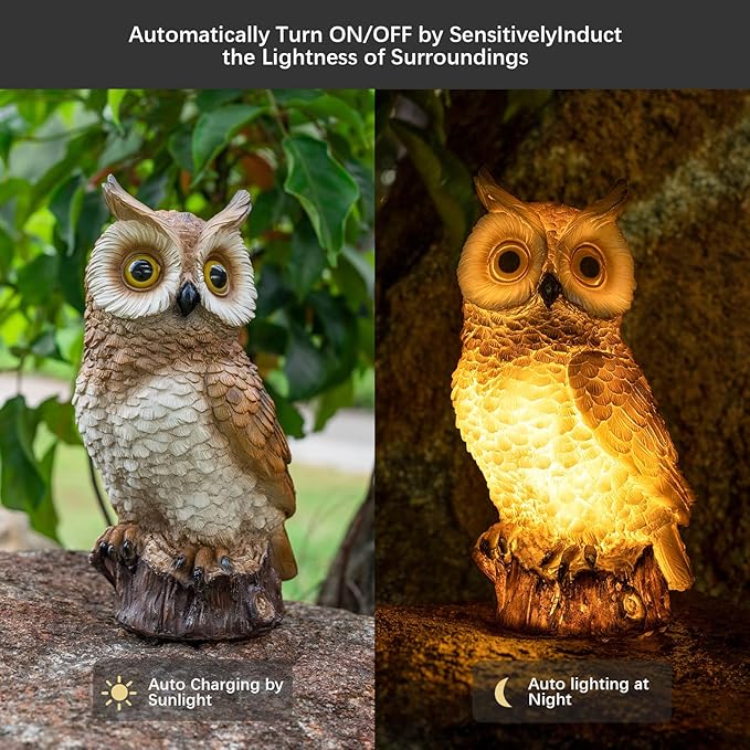 Solar Owl Garden Statues Outdoor Decor Resin Owl Figurine with LED Lights Owl Sculpture for Porch Patio Lawn Yard Decorations Halloween Christmas Housewarming Gifts for Women Mom,Brown Owl
