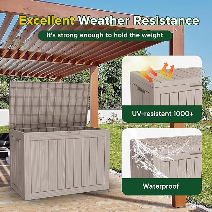 46 Gallon Outdoor Deck Box,Storage Lockable Waterproof Patio Furniture,Garden Tools,Cushions,Pool Accessories Outside Storage Resin Box(Grey)
