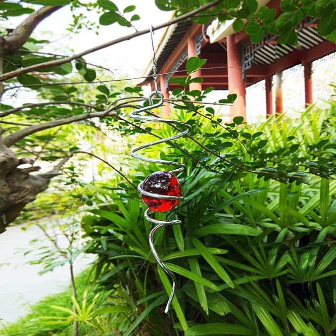 FONMY Gazing Ball Stainless Steel Spiral Tail-Decorative Wind Spinner, with Hanging Swivel Hook, Indoor Outdoor Decoration Silver Red -13 inch Height