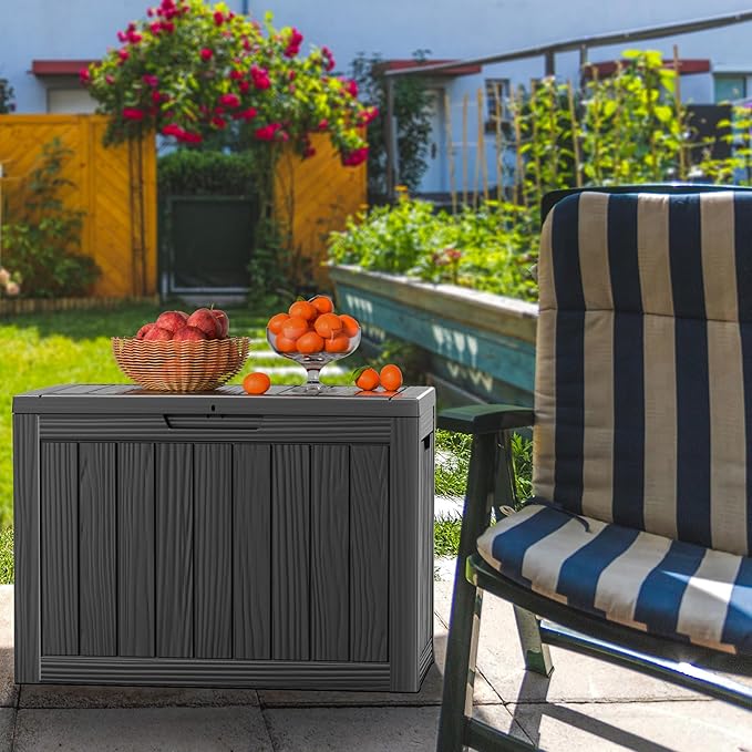 47 Gallon Outdoor Deck Box,Storage Lockable Waterproof Patio Furniture,Garden Tools,Cushions,Pool Accessories Outside Storage Resin Box(Black)