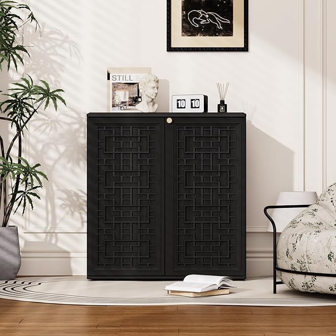 Outdoor Storage Cabinet Waterproof with Shelf,Resin Storage Sheds Outdoor Cabinets for tub towels/chemicals/grill items/Patio/Garden/Backyard, Size 34.3''L*15''W*36.2''H(Black)