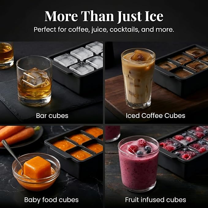 KitchFort® Large Silicone Ice Cube Tray (3-Pack) - 2" Big Ice Mold with Lid | Easy Release, Cocktail, Whiskey Ice Cubes Mold - Food Grade - Ice Cube Trays for Freezer - Stackable Silicone Ice Tray