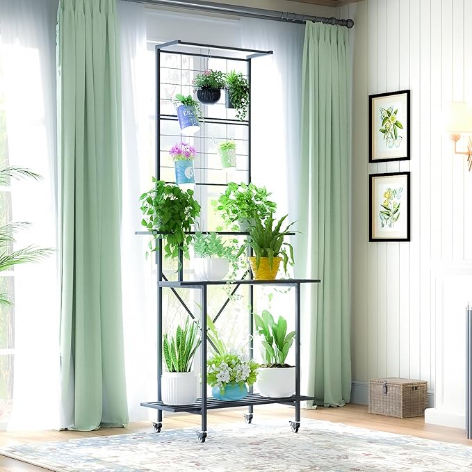 Zhongma 3 Tier Heavy Duty Plant Stand with Hanging Plant pot shelf with wheels, 35.43 L x 18.11 W x 81.1H multi layer plant Holder for Home, Garden, Plant Lovers,Metal Storage Rack Shelf/Freestanding Display Stand