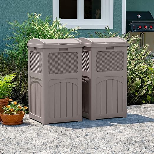 Patiowell 36 Gallon Outdoor Trash Can, Resin Outdoor Garbage Can with Lid for Patio, Backyard, Deck, Light Brown (2 Pack)