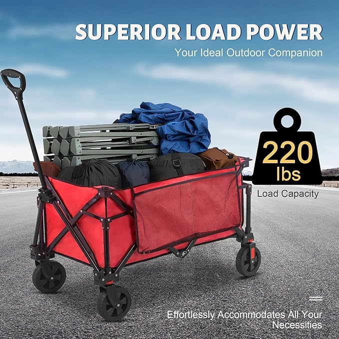 Collapsible Folding Wagon Cart, 220LBS Heavy Duty Foldable Utility Garden Cart with All Terrain Wheels & Side Storage Bag, Portable Sports Wagon for Camping, Shopping, Garden. (Red)