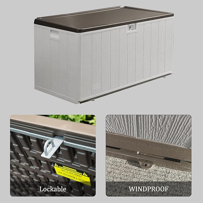 110GAL Brown Blow - Molded Outdoor Deck Box with Lock Hole - Waterproof, SGS - Protected from UV, Robust Storage for Large Garden Tools and Pool Equipment, Effortless Assembly