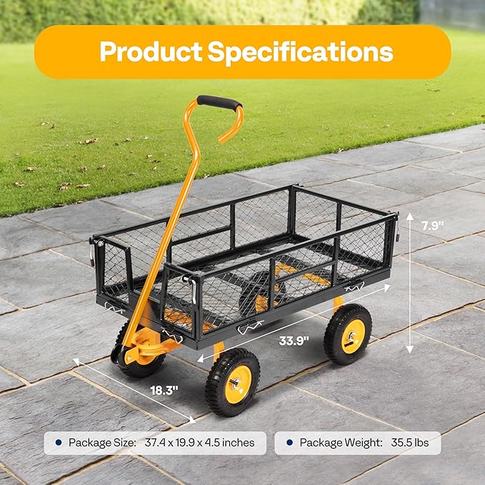 VIVOHOME Heavy Duty 550 Lbs Capacity Mesh Steel Garden Cart Folding Utility Wagon with Removable Sides (Black)