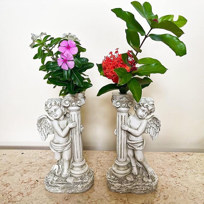 Angel Statue with Solar Lights (Right) 19.7 Inch, Outdoor Solar Angel Garden Statue with Roma Pillar for Garden Lawn Deocr, Christian Religious Gift