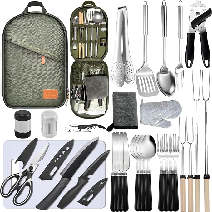 Camping Cooking Utensils Set - Camping Utensil Set Car Camping Cooking Essentials Gear for Camp Kitchen Cooking and Grilling, Stainless Steel & Silicone Ideal Gift for RV Tent Camper