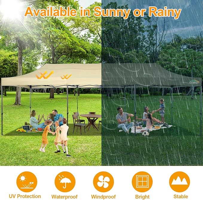 COBIZI 10x30 Pop Up Canopy Without Sidewall,Heavy Duty Canopy UPF 50+ All Season Wind Waterproof Commercial Outdoor Wedding Party Tents for Parties Canopy Gazebo with Roller Bag(10 x 30 ft Khaki)