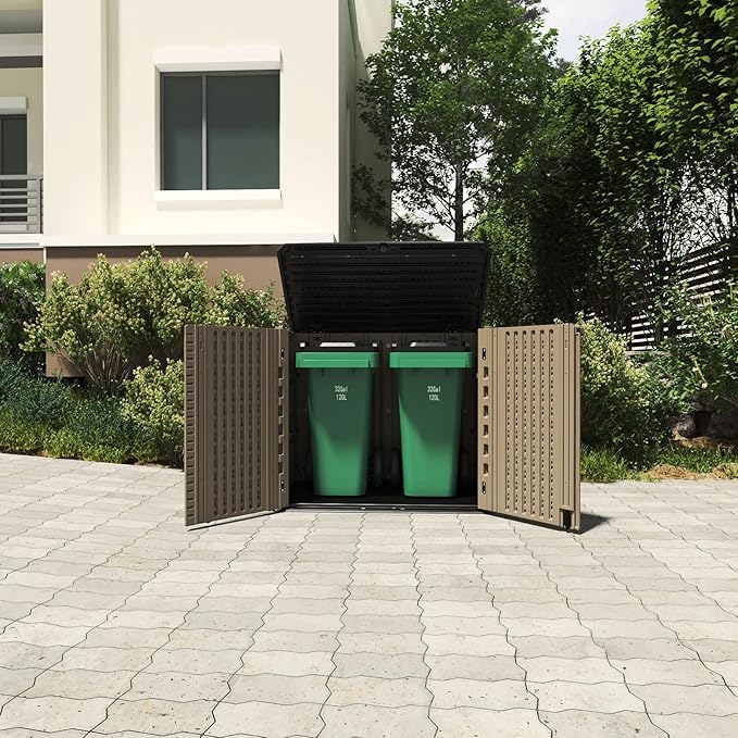 HOMSPARK Storage Shed Weather Resistance, Multi-Purpose Outdoor Storage Cabinet for Backyards and Patios, Horizontal Storage Shed for Lawnmower, Patio Accessories (Coffee, Large - 26 cu.ft)