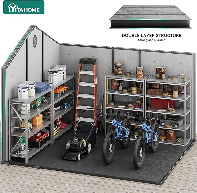 YITAHOME 8x10ft Resin Storage Structure, Outdoor 544 cuft Plastic Garden Storage Unit with Windows, Vents and Lockable Entrance, Waterproof Tool Organizer with Flooring for Lawn Equipment,Gray
