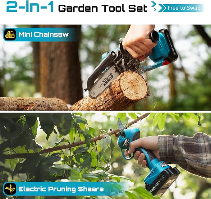 SEESII Mini Chainsaw & Pruning Shears: 6" Electric Saw Brushless & 1.3" Pruner with 2×2.0Ah Batteries, Cordless Combo for Wood Cutting/Branch Trimming, Gardening Tools for Dad Men Husband