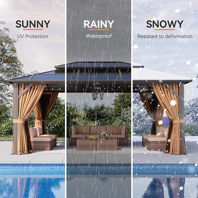 Aoxun 12'x16' Hardtop Gazebo, Aluminum Frame Permanent Pavilion with Netting and Curtains, Outdoor Polycarbonate Double Roof Canopy, Designed for Lawn, Garden, Patio (Brown)