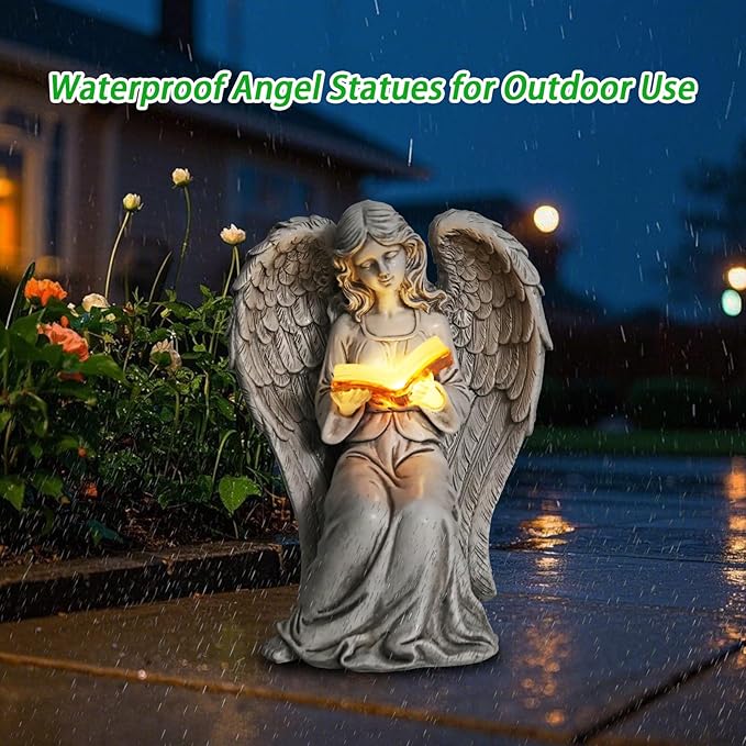 Angel Statue Outdoor Decor, Elegant Angel Garden Statues Reading Book with Solar LED Lights Yard Decorations Lawn Ornaments Figurines Resin Sculpture for Outside, Angel Gardening Gifts