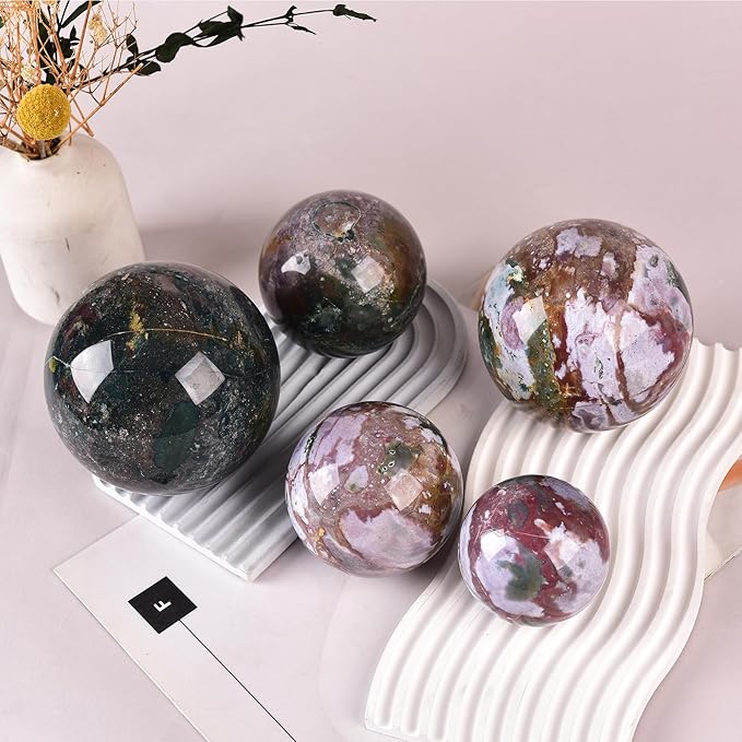 JIC Gem Large Ocean Jasper Crystal Sphere Ball with Wooden Stand Healing Decorative Ball Reiki Healing Gift 100-110mm