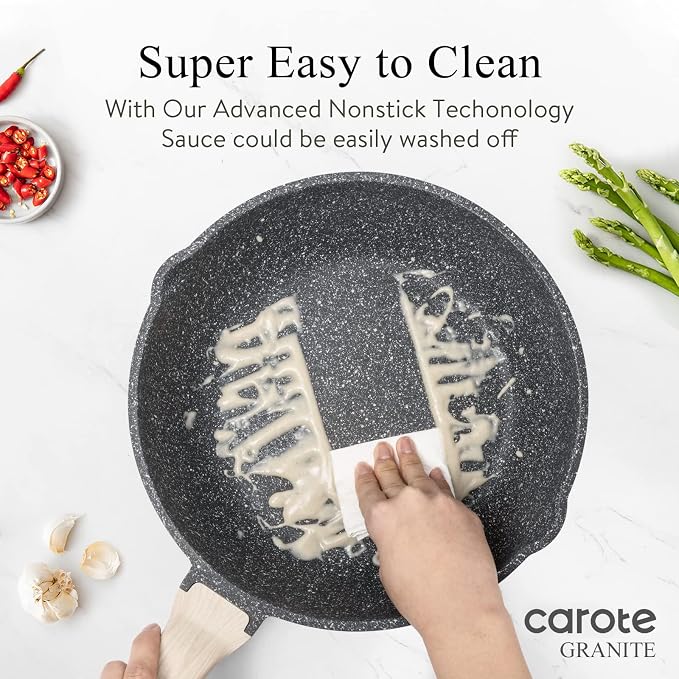 CAROTE 12 Inch Nonstick Deep Frying Pan with Lid, 5.5 Qt Black Granite | Kitchen Non-Toxic PFOA Free Cookware, Covered Sauté Pans All Stovetops Compatible, Easy to Clean