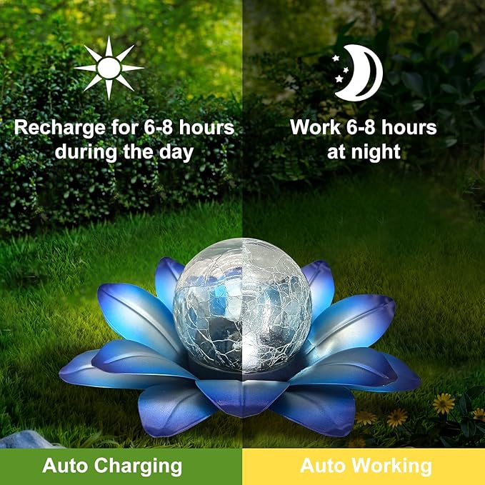 LEWIS&WAYNE Solar Garden Lights Outdoor, 3 Pcs Blue Lotus Flower Pathway Lamps with Cool White Crackle Glass Globe Led Lights for Patio Pathway Yard Balcony Garden Decorations