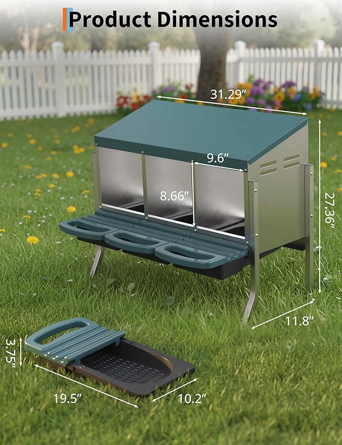 Chicken Nesting Boxes, 3 Hole Metal Rollaway Nest Box for Laying Hens with Cleanable Pull-Out Trays Wall Mount or Placed Design for Easy Egg Collection & Cleaning(Includes Legs)